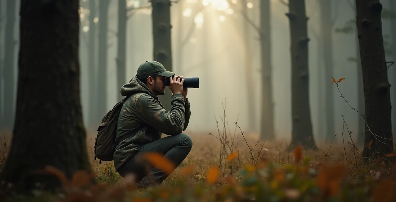 Observateur naturaliste en affût silencieux dans la forêt des Abruzzes à l'aube