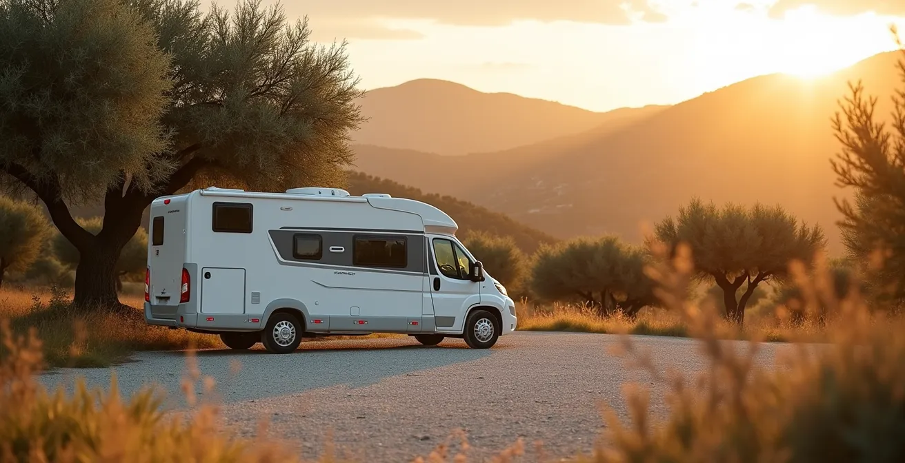Camping-car stationné dans une aire naturelle italienne entourée d'oliviers avec vue sur les collines