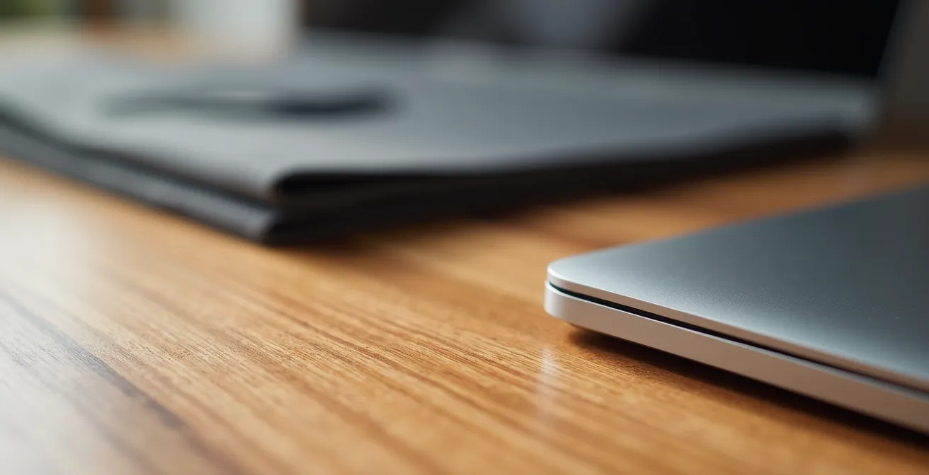 Bureau avec documents juridiques et ordinateur portable fermé