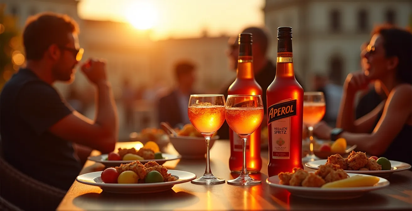 Scène d'aperitivo italien en terrasse au coucher du soleil