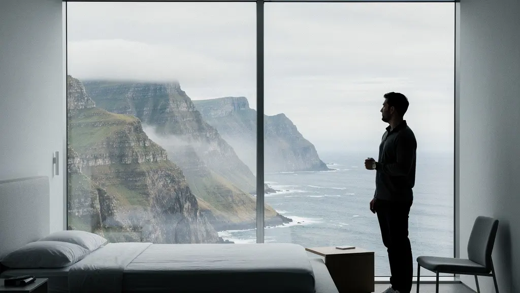 Une silhouette de voyageur dans une chambre simple et lumineuse face à une grande baie donnant sur un paysage spectaculaire, illustrant l'arbitrage entre expérience extérieure et confort de l'hébergement.