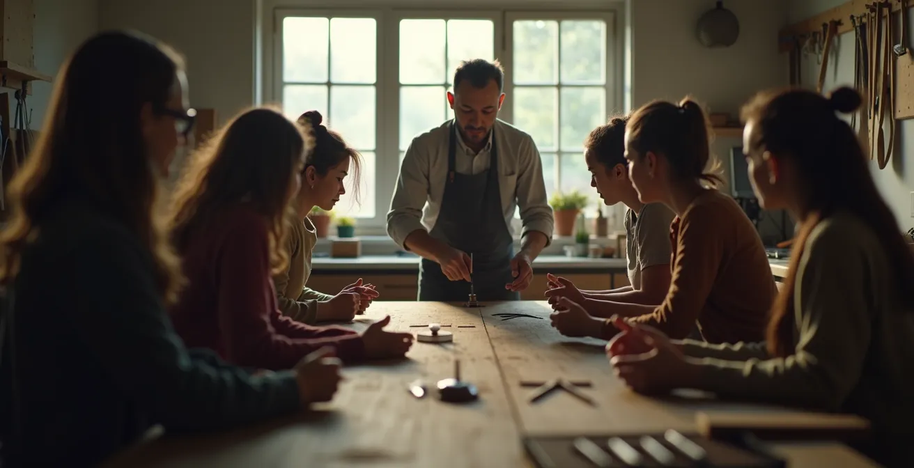 Vue large d'un atelier d'artisanat avec artisan montrant un geste technique à des apprentis attentifs