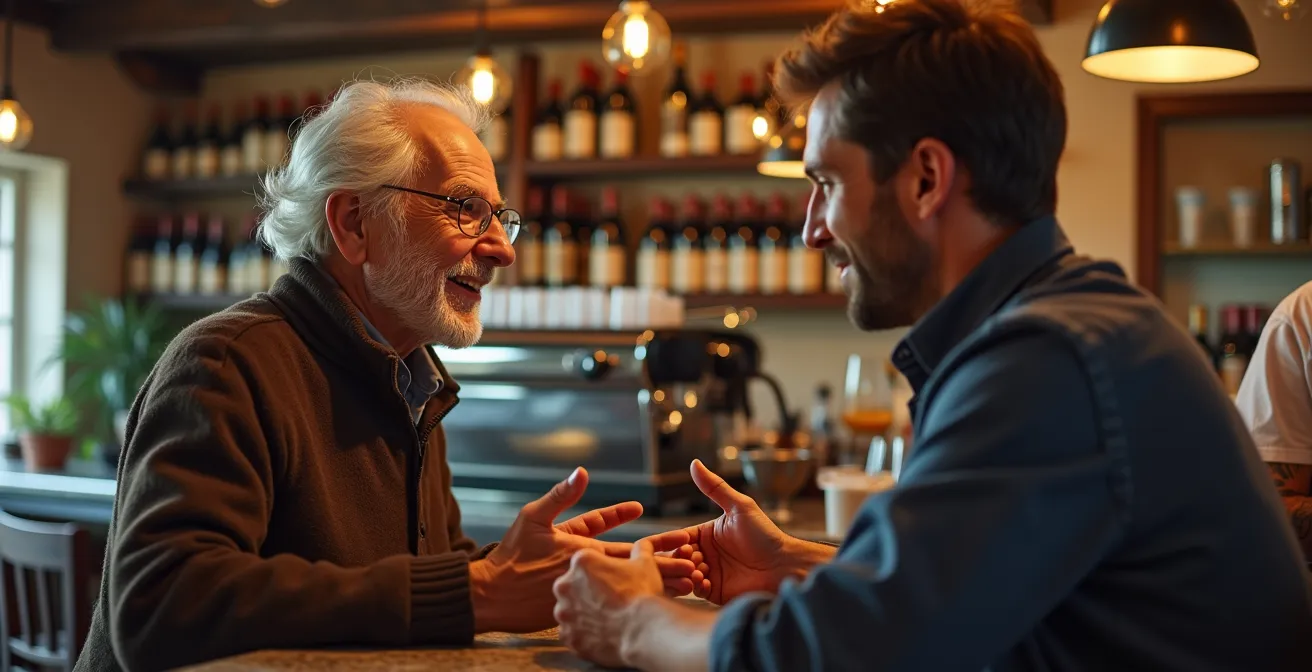 Intérieur chaleureux d'un café de village toscan avec habitants locaux
