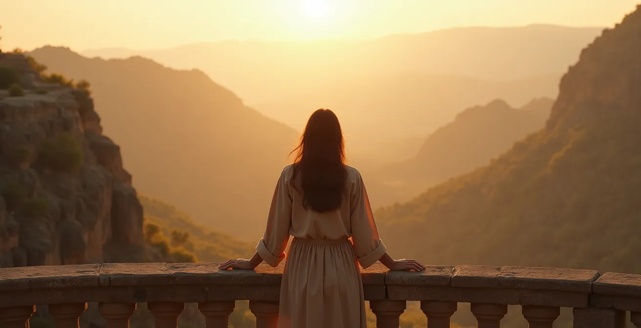 Terrazza panoramica di un borgo italiano con vista sulla valle sottostante all'ora dorata