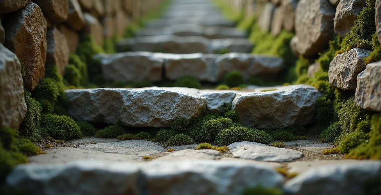 Scalinata medievale in pietra che sale ripida tra case antiche in un borgo italiano