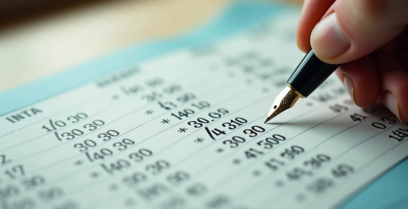 Carnet de bord ouvert avec calculs de budget nautique et carte marine floue en arrière-plan