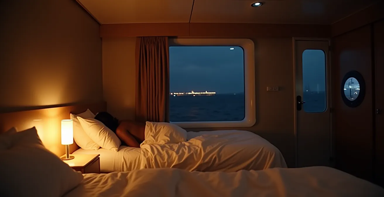 Intérieur apaisant d'une cabine de ferry de nuit avec éclairage tamisé