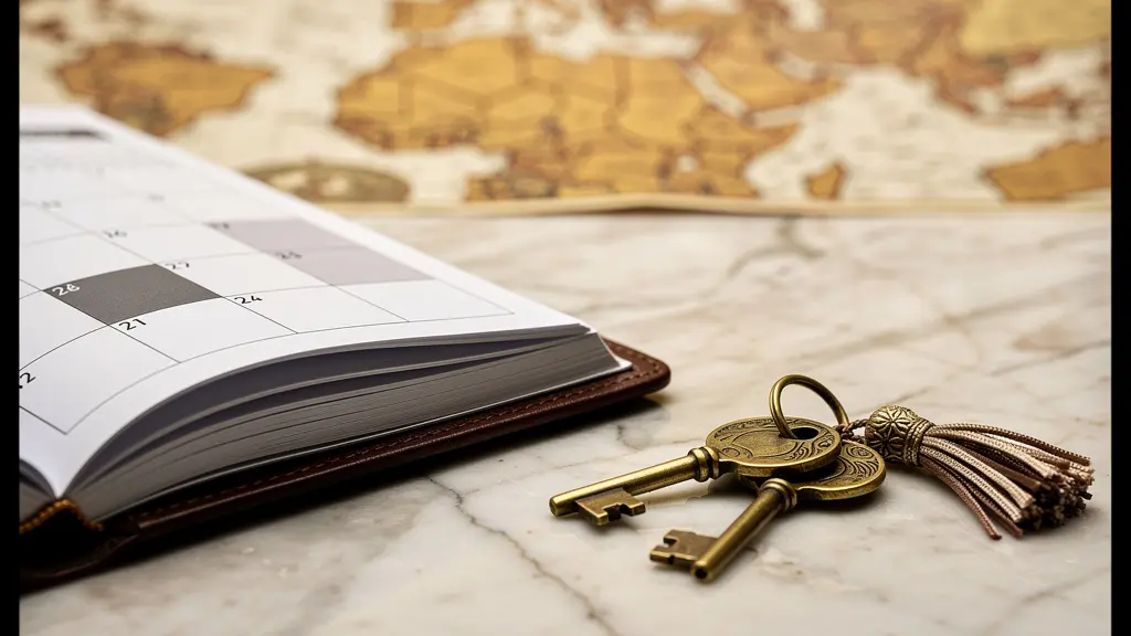 Bureau élégant avec calendrier ouvert et clés de chambre d'hôtel posées sur une carte