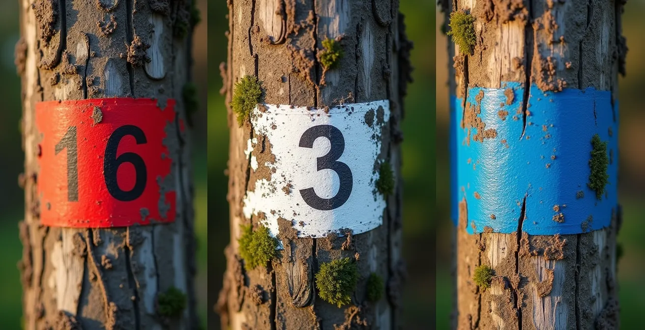Gros plan sur différents types de marquages sur tronc d'arbre : un officiel du CAI, une marque forestière et une marque amateur.