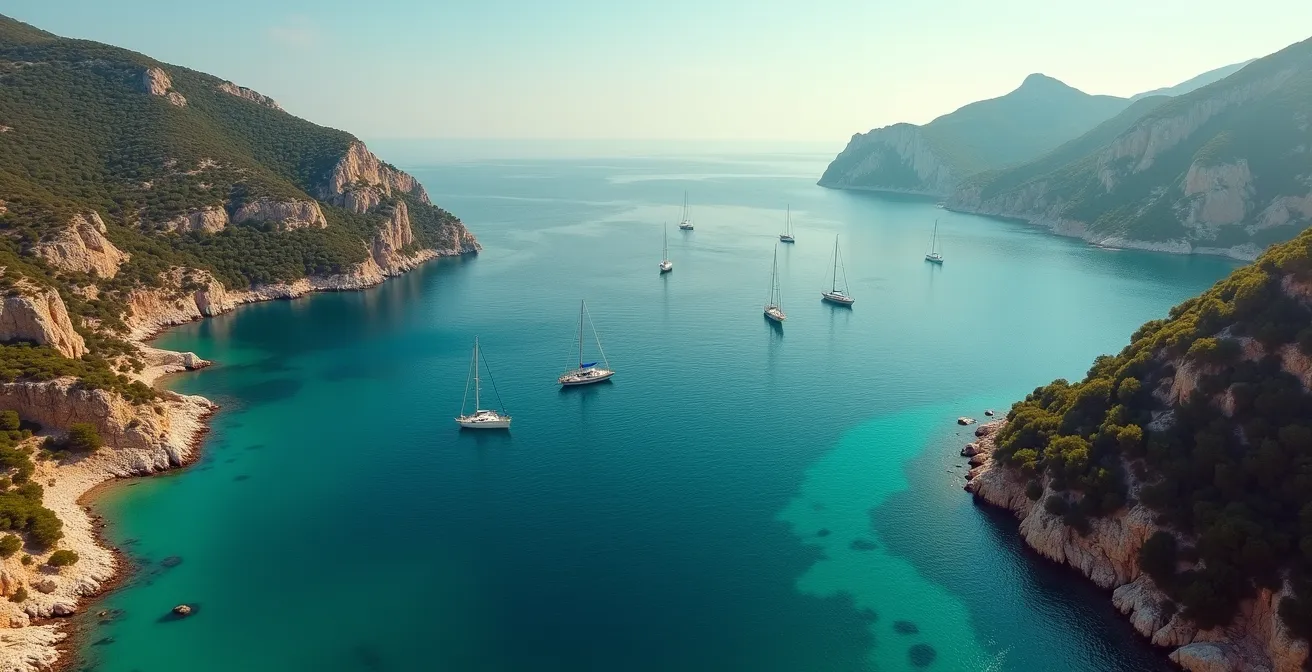 Vue aérienne de deux baies méditerranéennes contrastées avec voiliers au mouillage