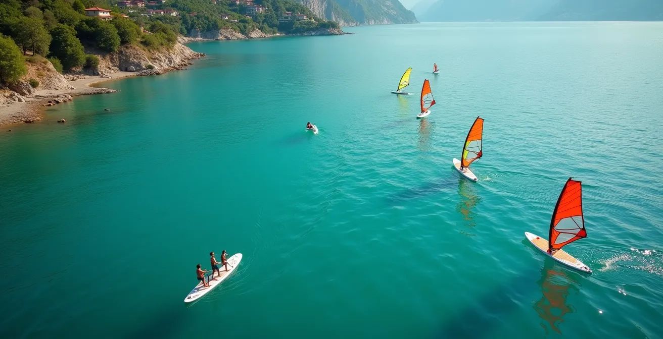 Vue aérienne comparant un groupe en paddle et des véliplanchistes sur le lac de Garde
