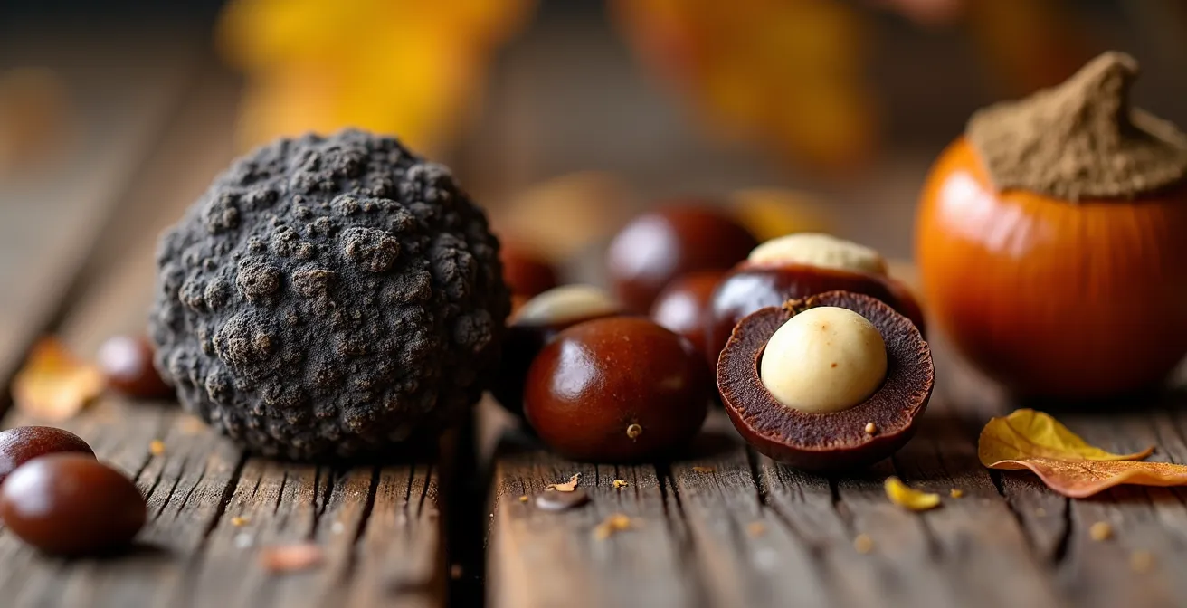 Composition automnale montrant des truffes noires et des châtaignes sur une table rustique en bois avec des feuilles d'automne