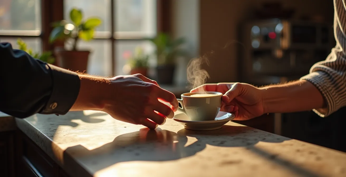 Échange chaleureux entre client et barista dans un café italien traditionnel avec communication gestuelle