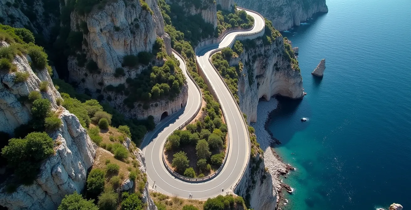 Route sinueuse de la côte Amalfitaine vue d'en haut avec virages serrés et mer turquoise