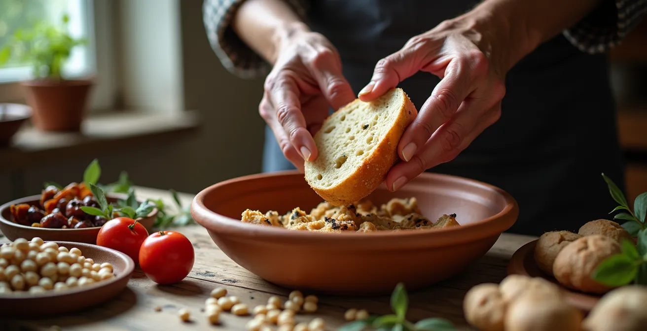 Nature morte rustique montrant des ingrédients simples transformés en plats traditionnels italiens sur une vieille table en bois