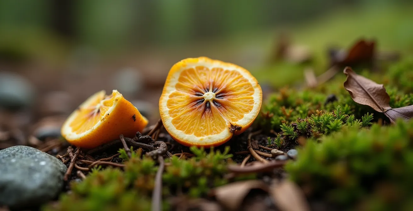 Détail macro d'une peau de fruit en décomposition sur un sentier naturel, montrant son impact visuel et écologique.