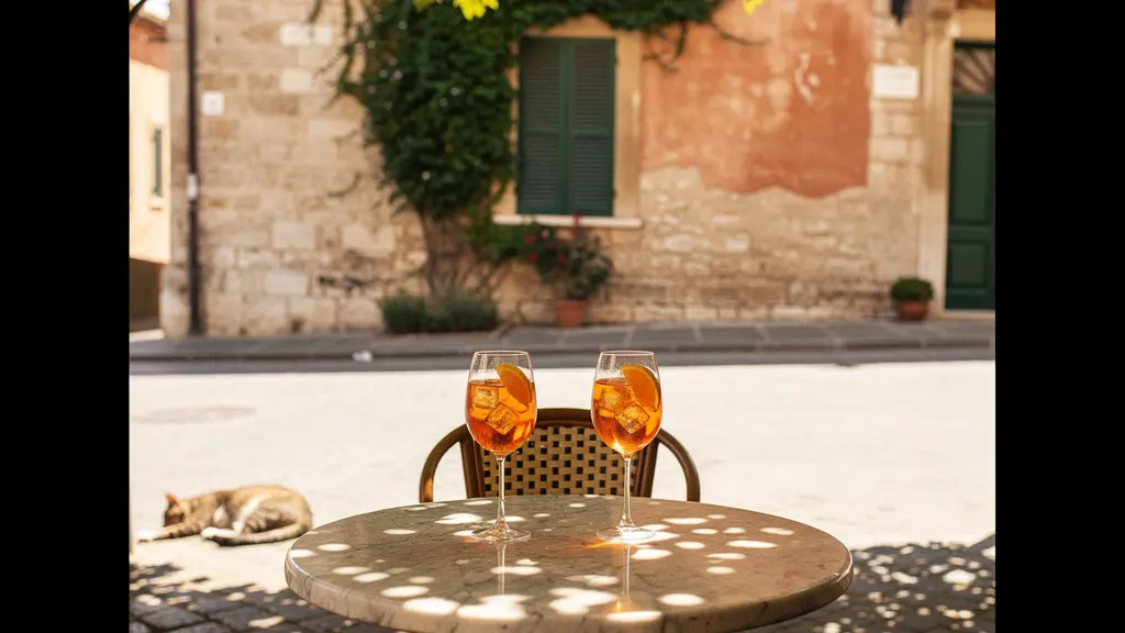 Terrasse de café italienne ensoleillée avec deux verres de spritz posés sur une table en marbre veiné, évoquant l'art de la pause contemplative entre deux visites culturelles