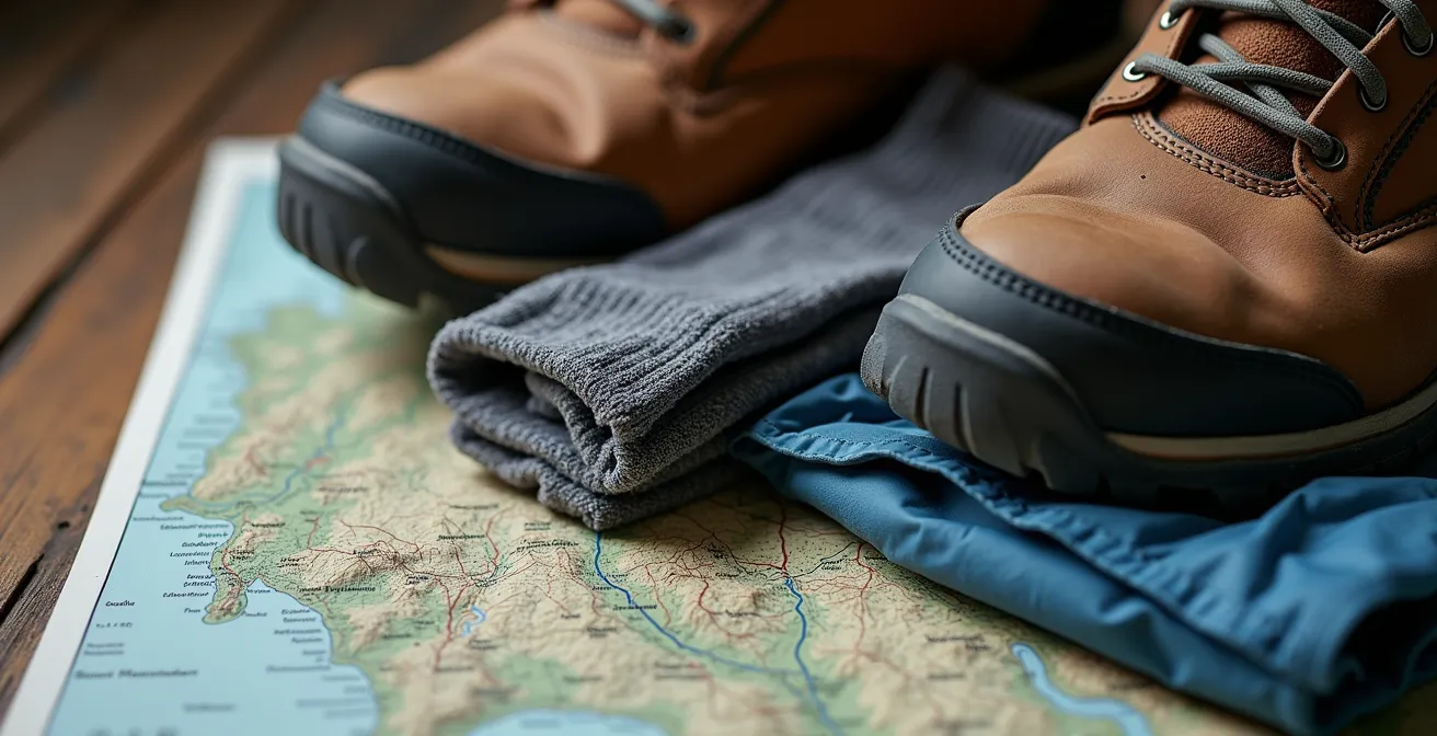 Équipement de randonnée essentiel disposé sur une carte topographique italienne