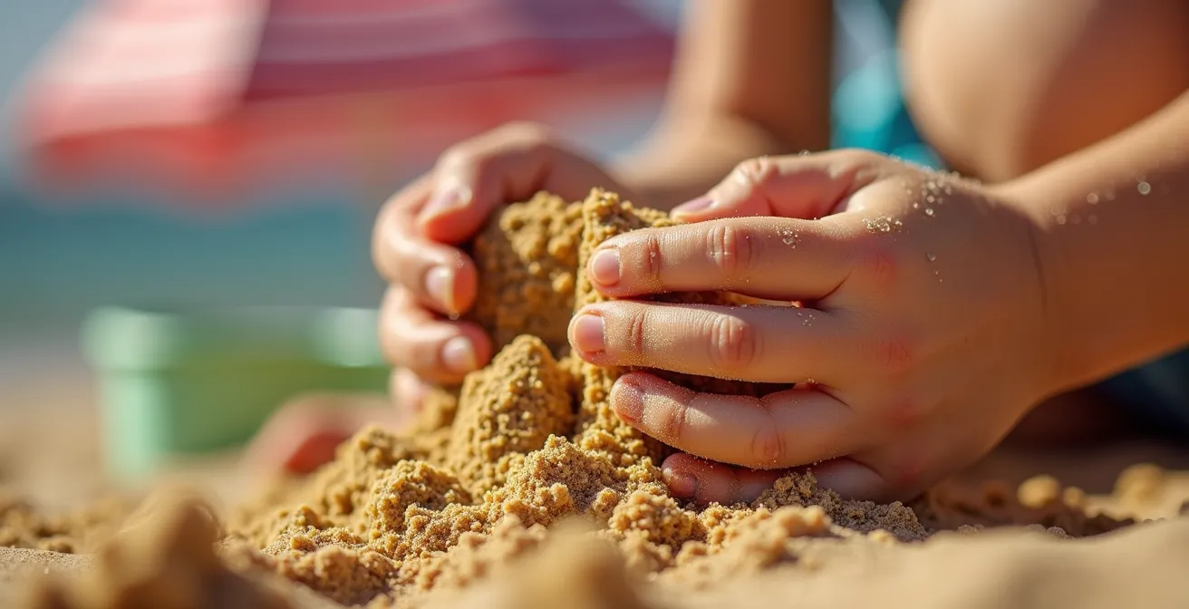 Jeunes enfants jouant dans le sable sous un parasol coloré sur une plage italienne