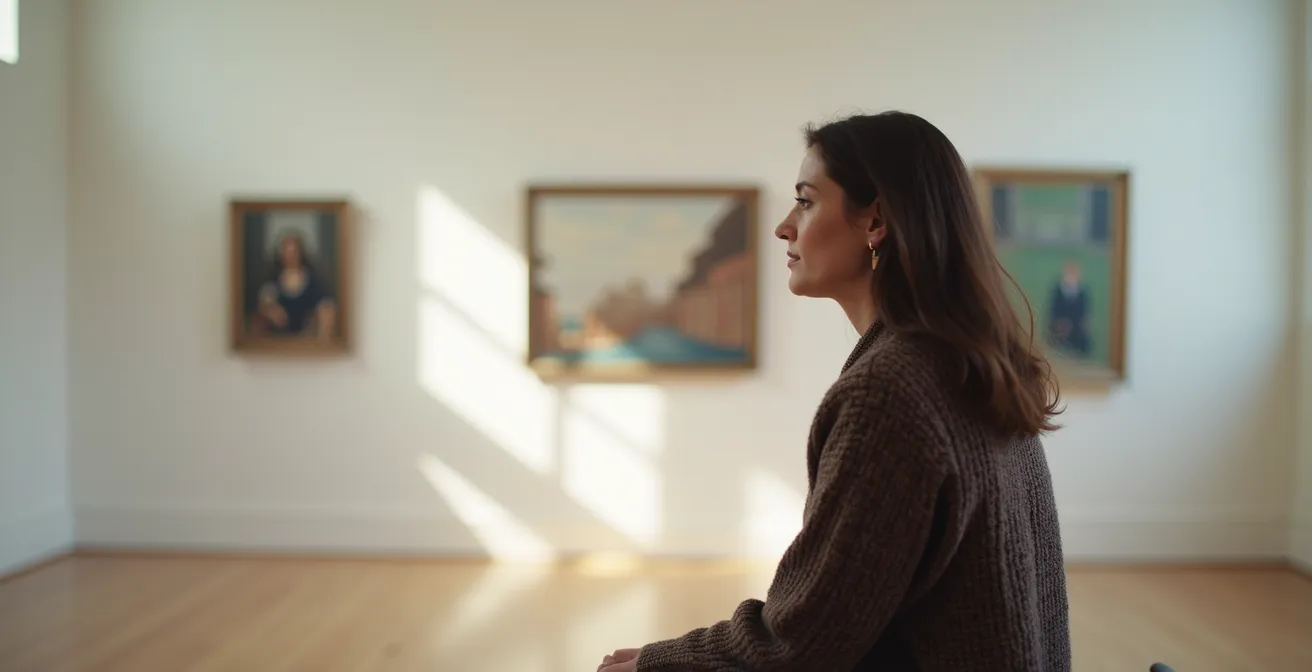 Gros plan sur un visiteur de musée contemplant paisiblement une seule œuvre dans une salle calme