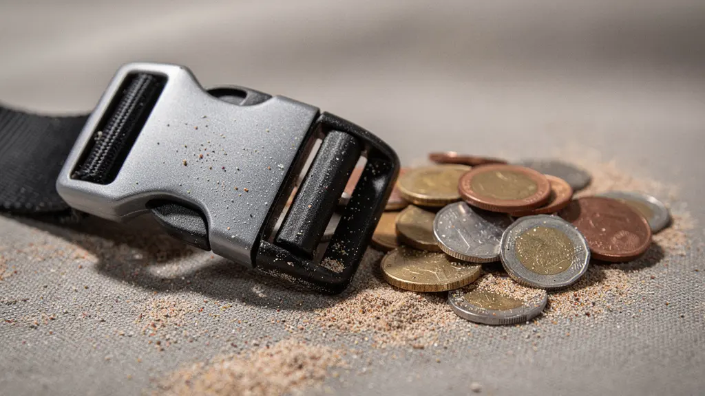 Gros plan macro sur des pièces et des textures de voyage (sangle de valise, tissu, métal), suggérant des coûts cachés de transport sans aucun texte ni logo.