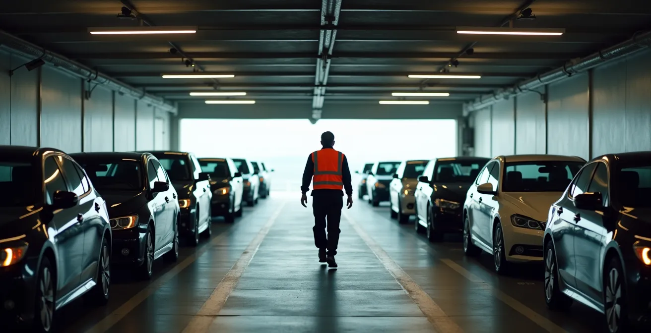 Intérieur d'un garage de ferry avec des voitures alignées et un personnel en gilet guidant le stationnement