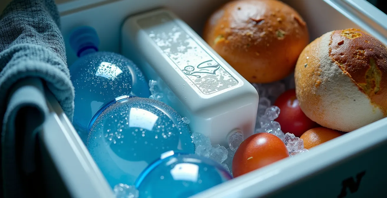 Glacière ouverte montrant l'organisation stratifiée des aliments pour un voyage en ferry