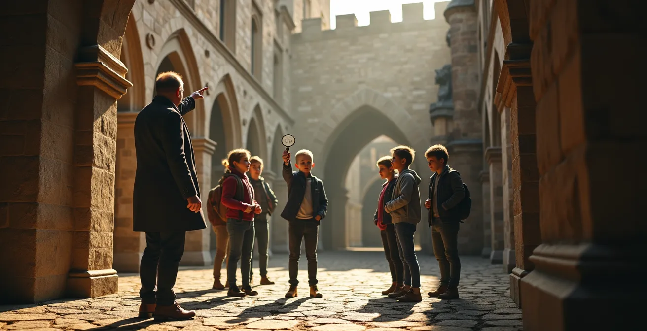 Guide touristique animant une chasse au trésor historique avec des adolescents enthousiastes dans un château médiéval