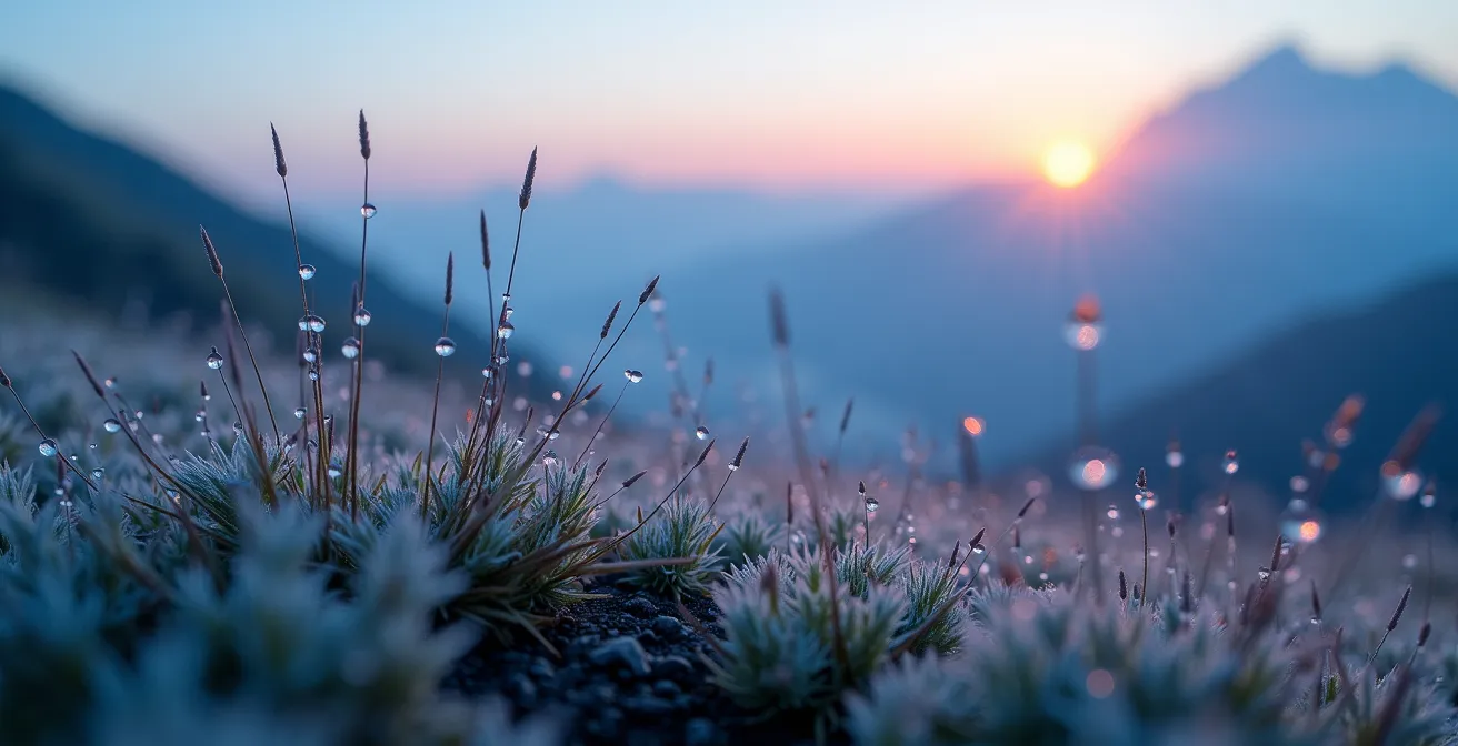 Paysage de montagne italienne baigné dans la lumière bleue de l'aube avec brume dans la vallée