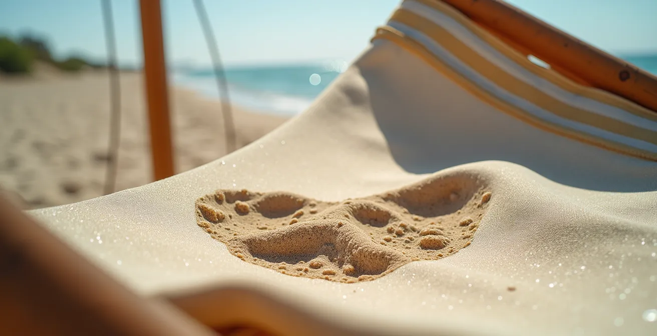 Vue macro sur les détails d'un lido italien avec textures de sable et parasols