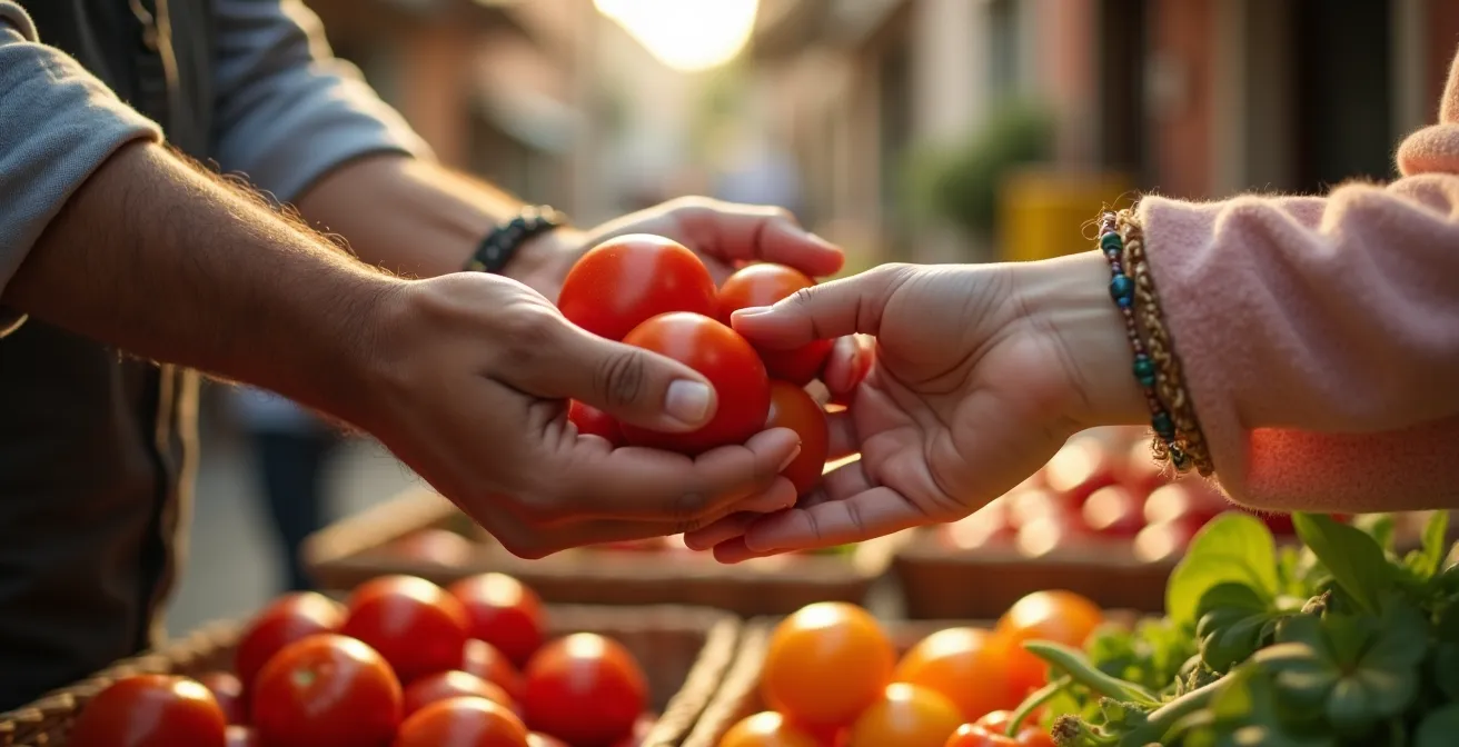 Échange chaleureux entre commerçant et client sur un marché italien