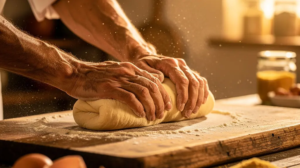 Photographie en gros plan de deux paires de mains pétrissant de la pâte à pâtes fraîches sur une surface en bois farinée, illustrant l'apprentissage actif qui ancre les souvenirs dans la mémoire corporelle