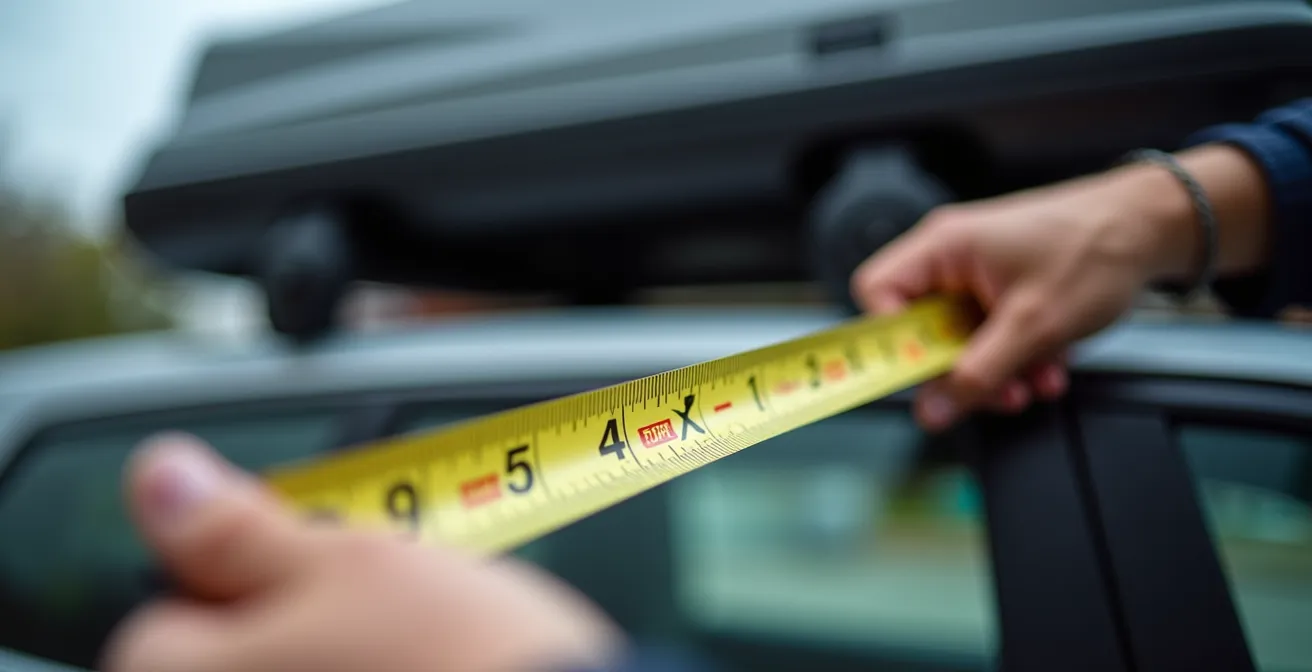 Personne mesurant la hauteur totale d'un véhicule équipé d'un coffre de toit dans une allée résidentielle