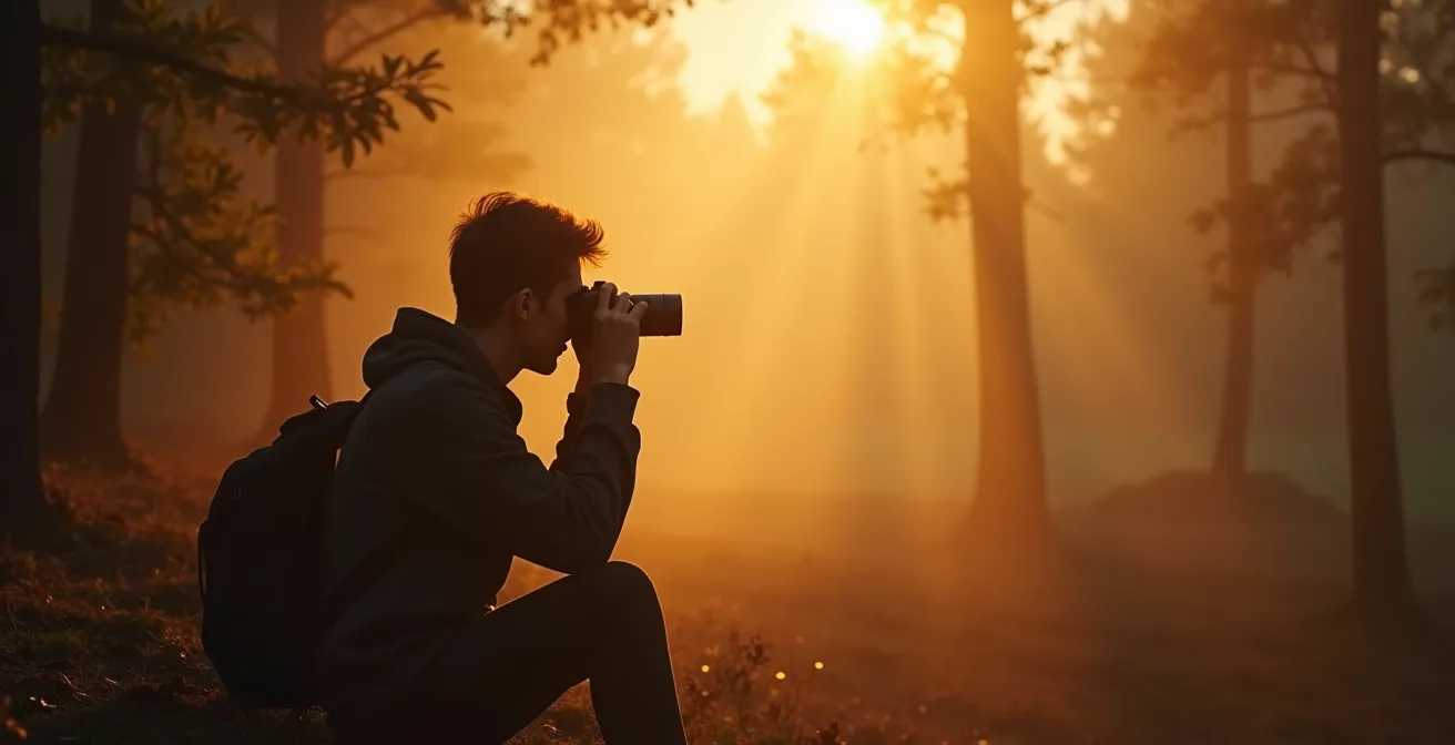 Observateur silencieux dans la brume matinale d'une forêt des Apennins