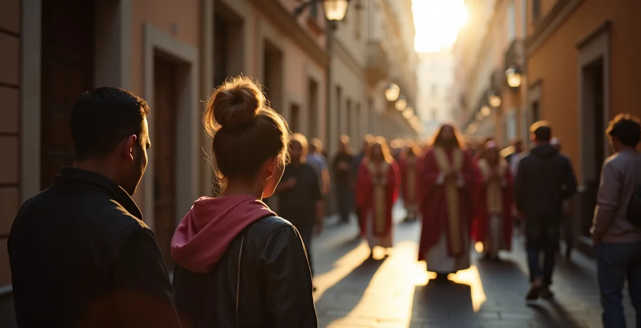 Visiteurs observant discrètement une procession religieuse depuis une ruelle latérale en Italie