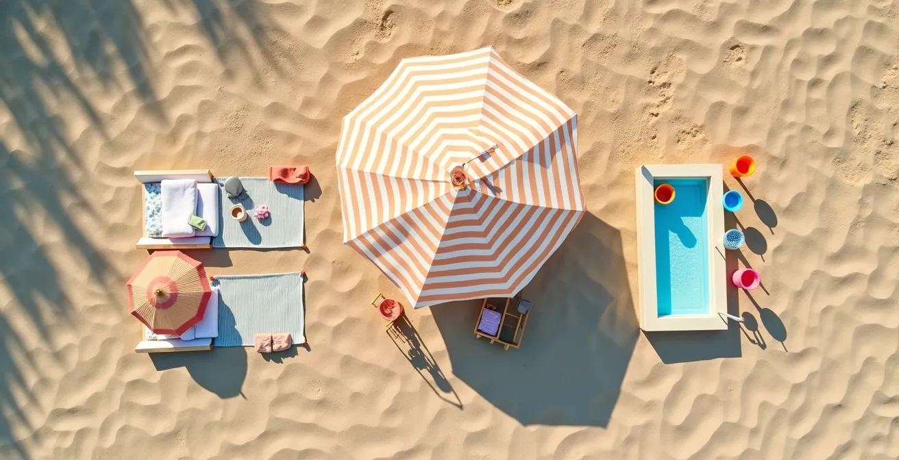 Vue aérienne d'un espace plage organisé avec parasol, zones délimitées pour enfants et matériel de plage