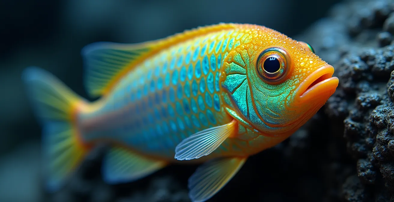 Gros plan macro sur les écailles iridescentes d'une girelle paon méditerranéenne