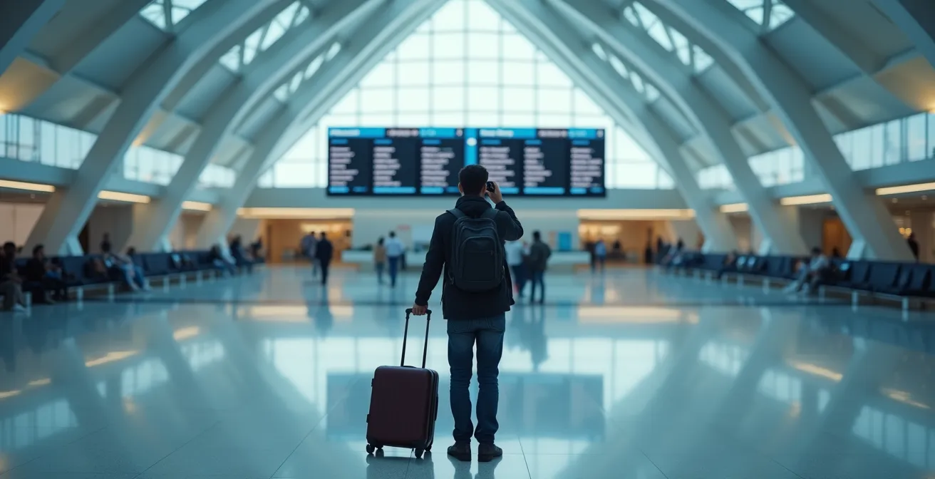 Passager photographiant le tableau d'affichage des vols dans un aéroport