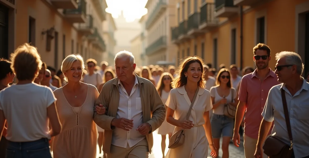 Scène de Passeggiata italienne au coucher du soleil avec habitants se promenant dans une rue piétonne