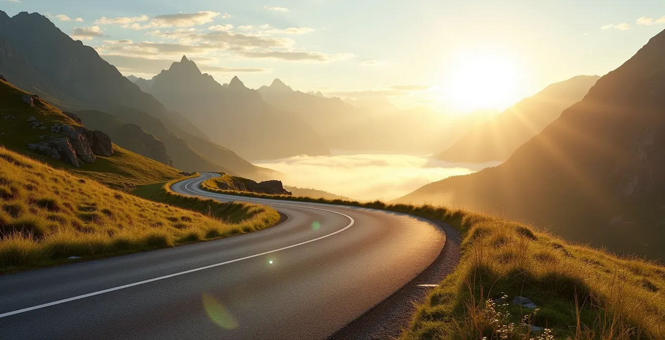 Vue panoramique d'un col alpin italien baigné par la lumière dorée du matin