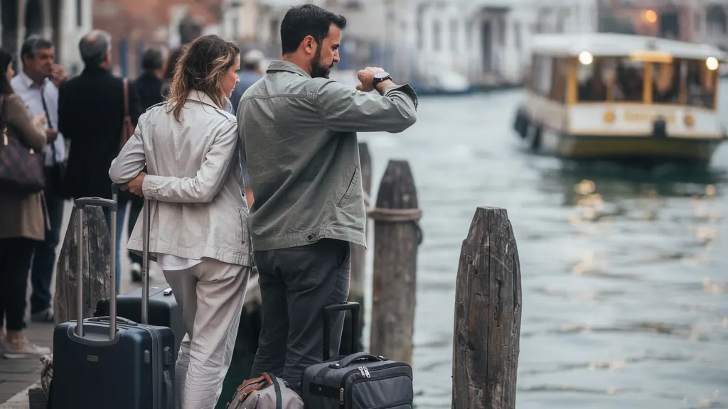 Arrêt de vaporetto bondé à Venise avec des touristes attendant sur un ponton flottant, illustrant les coûts cachés du transport en haute saison