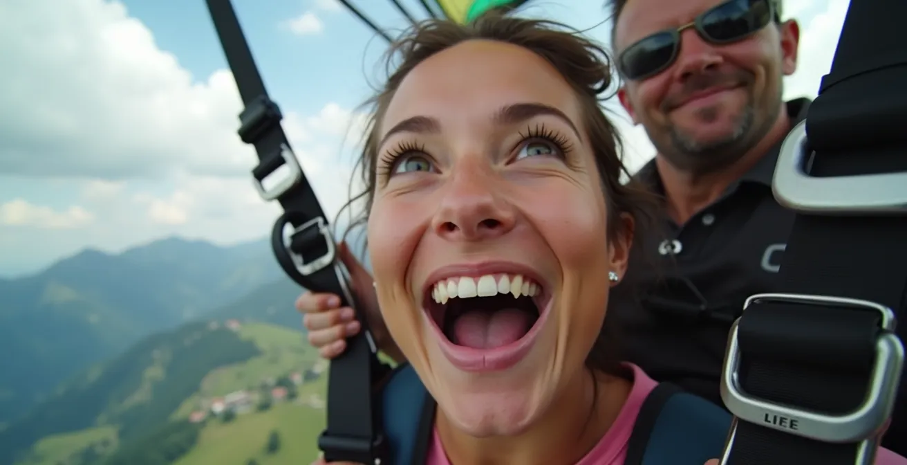 Pilote de parapente confortablement installé dans sa sellette en vol