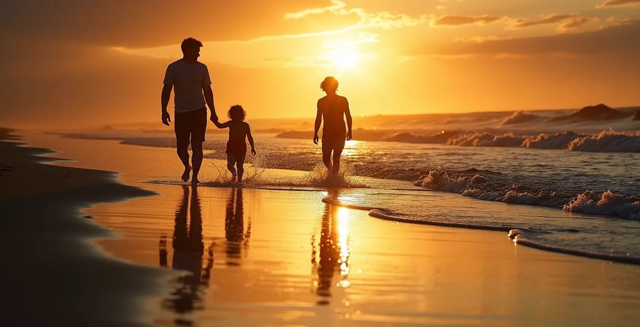 Plage italienne en fin de journée avec lumière dorée, famille jouant dans l'eau tiède