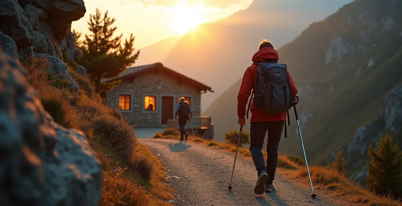 Randonneur fatigué mais satisfait arrivant à un refuge de montagne en pierre au crépuscule dans les Apennins.