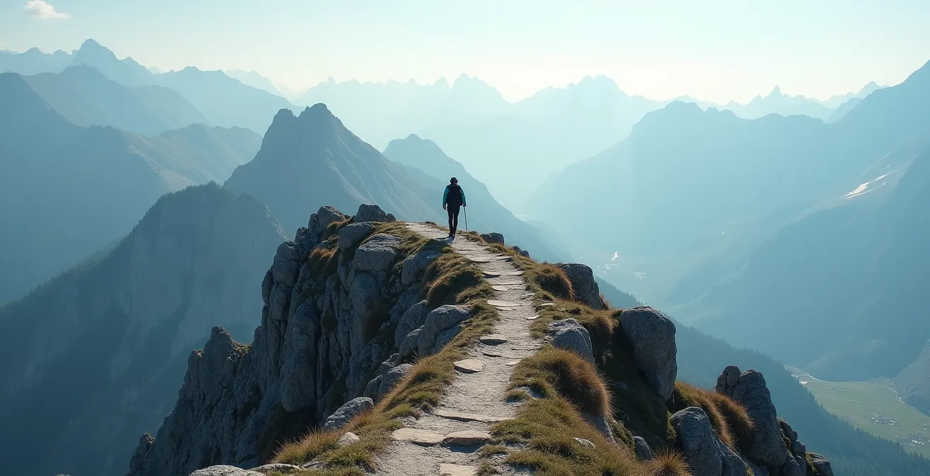 Randonneur sur un sentier de crête exposé et rocheux dans les Dolomites, illustrant un parcours de niveau EE.