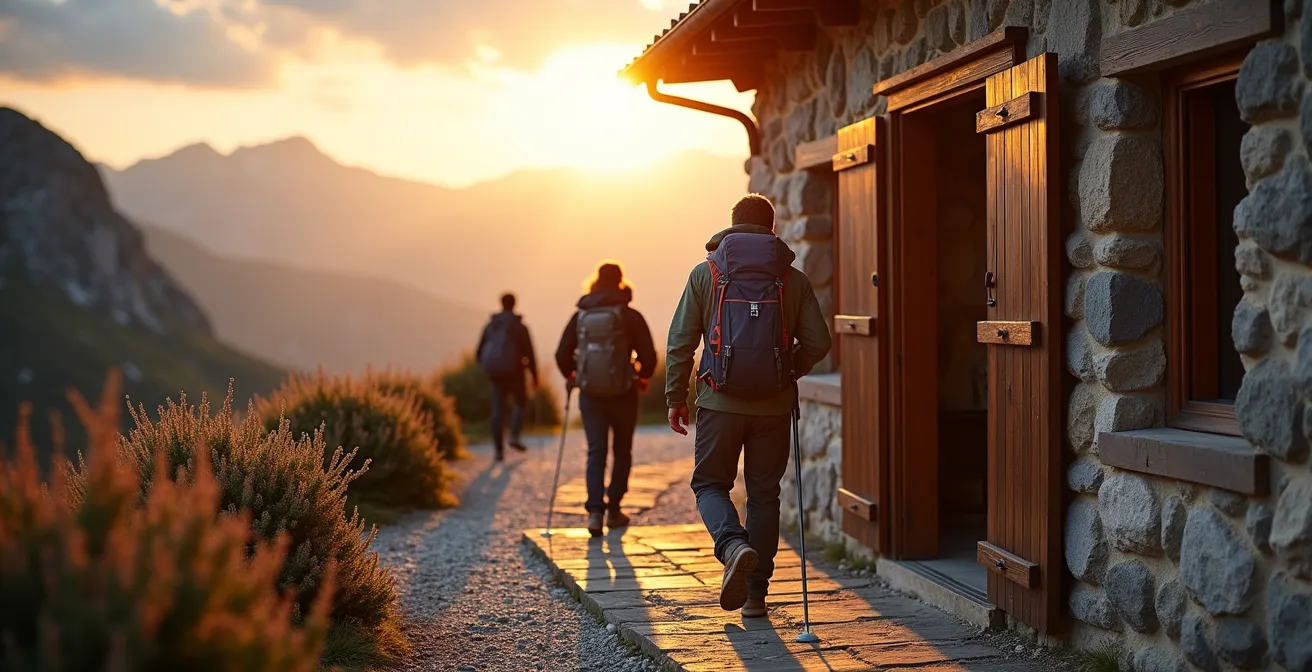 Vue d'un refuge de montagne traditionnel italien au coucher du soleil dans les Apennins