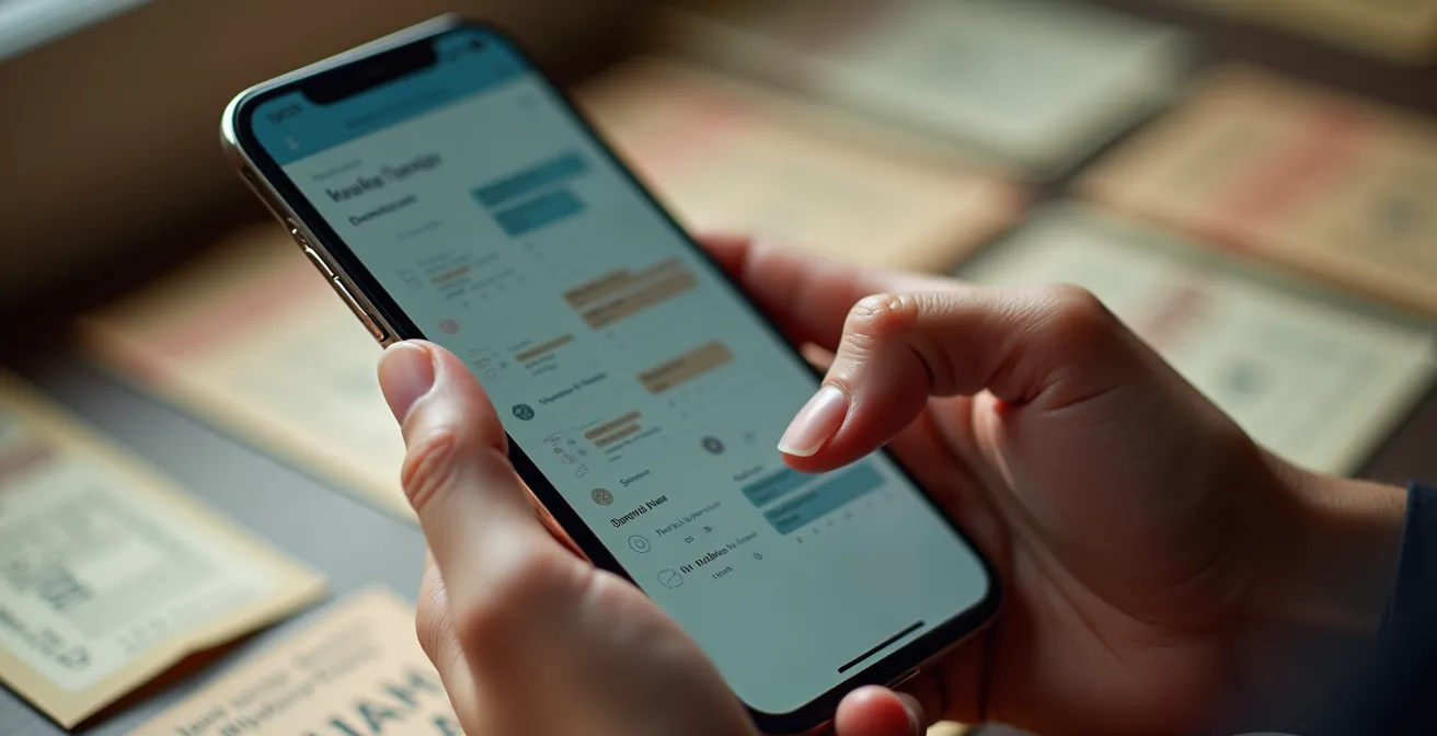 Vue macro d'une main tenant un smartphone montrant un calendrier de réservation, avec des billets de musée floutés en arrière-plan