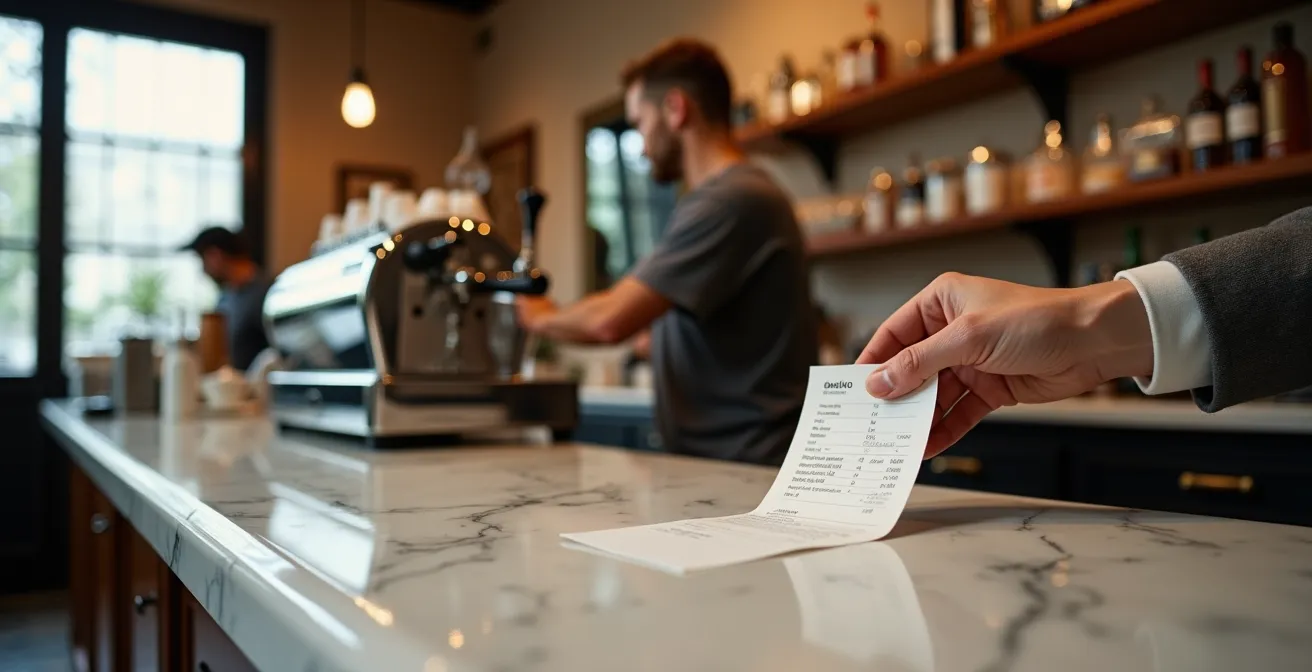 Séquence du rituel du café italien au comptoir avec le barista et le ticket