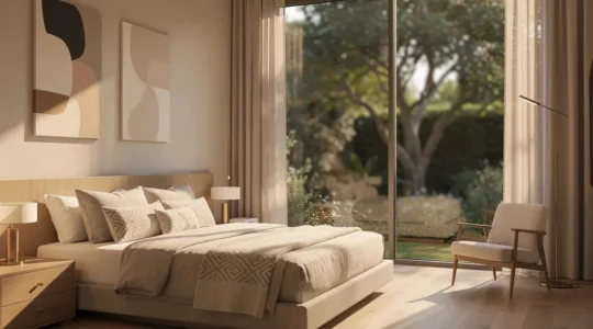 Suite d'hôtel luxueuse avec vue panoramique sur jardin privé, éclairage naturel à travers de grandes baies vitrées