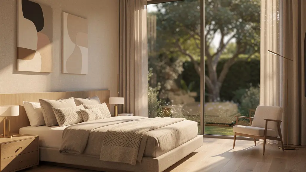 Suite d'hôtel luxueuse avec vue panoramique sur jardin privé, éclairage naturel à travers de grandes baies vitrées